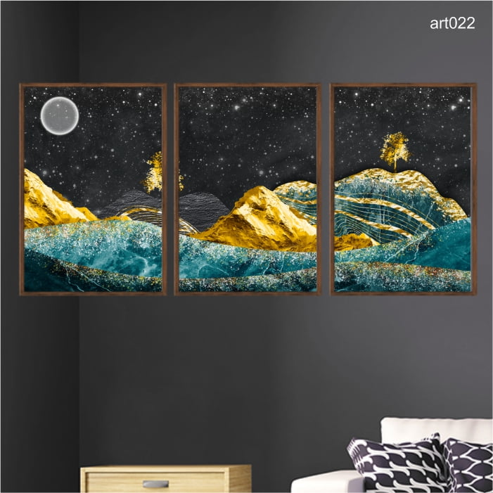 KIT 3 QUADROS DECORATIVOS - ABSTRATO FORMAS E MONTANHAS TURQUESA E DOURADO ART022