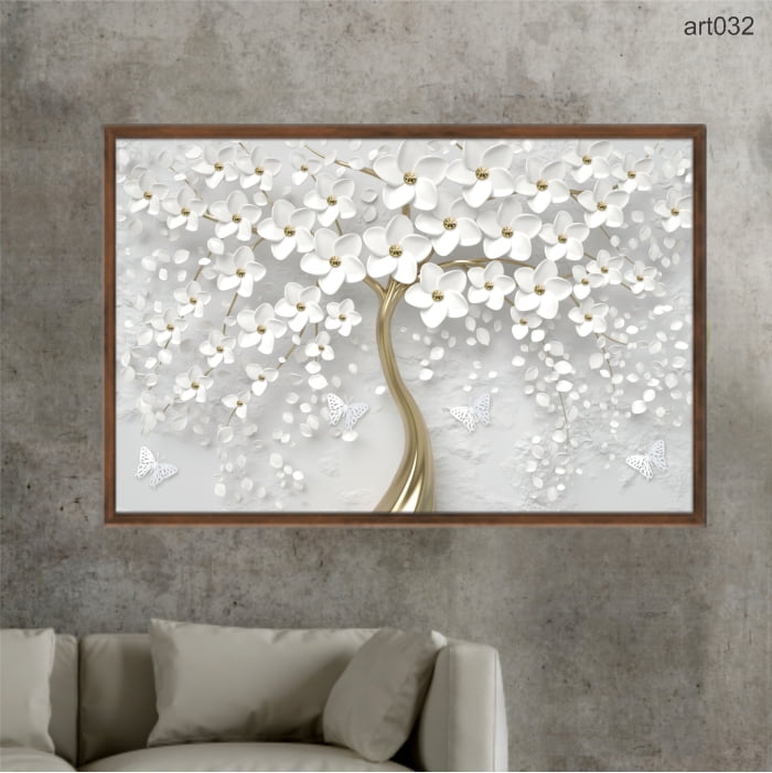 QUADRO DECORATIVO ARVORE FLORAL BRANCO E DOURADO BORBOLETA ART032