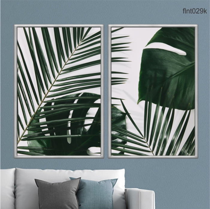 KIT 2 QUADROS DECORATIVOS -FOLHAS DE PALMEIRA TROPICAL BRANCA E VERDE