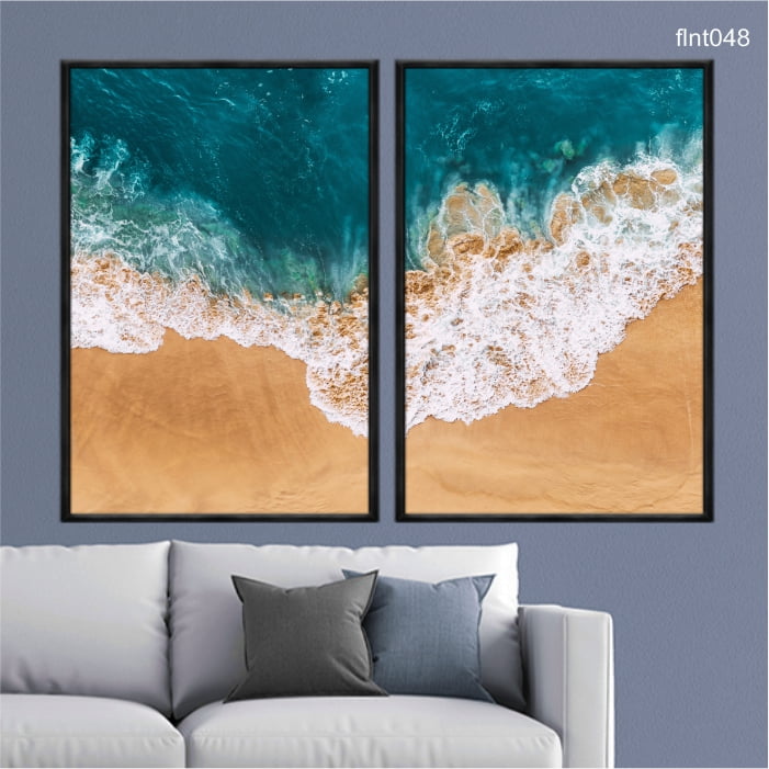 KIT 2 QUADROS DECORATIVOS - PRAIA VISTA AEREA MAR E AREIA flnt048