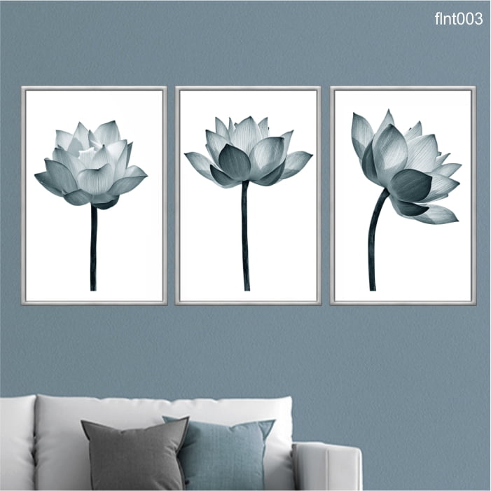 KIT 3 QUADROS DECORATIVOS - FLOR DE LOTUS AZUL MINIMALISTA