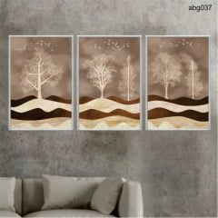 KIT 3 QUADROS DECORATIVOS-ABSTRATO FLORAL MONTANHA DOURADA ABG037
