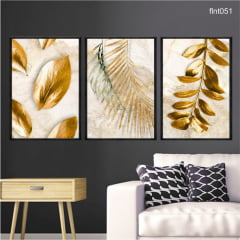 FLNT051- KIT 3 QUADROS DECORATIVOS - NATUREZA DOURADA FOLHAS OURO FLNT051